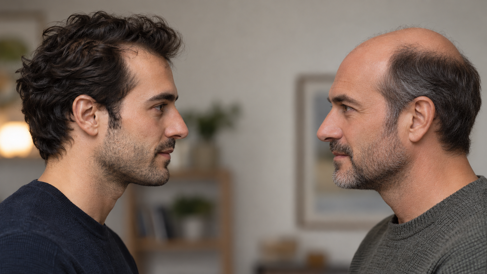 Two men facing each other in profile